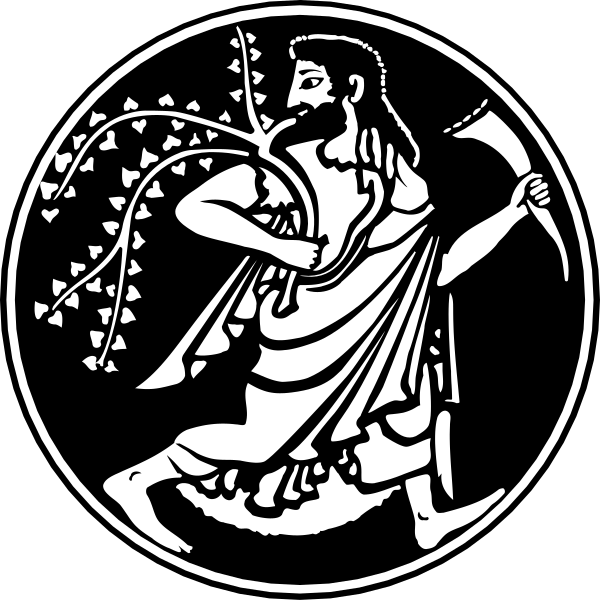The black and white illustration depicts a man with an axe on his shoulder standing next to two plants that resemble wheat stalks.