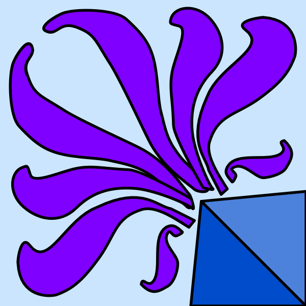 The image shows a purple flower with swirling petals against an abstract background that includes geometric shapes like triangles and rectangles in various shades of blue and green.