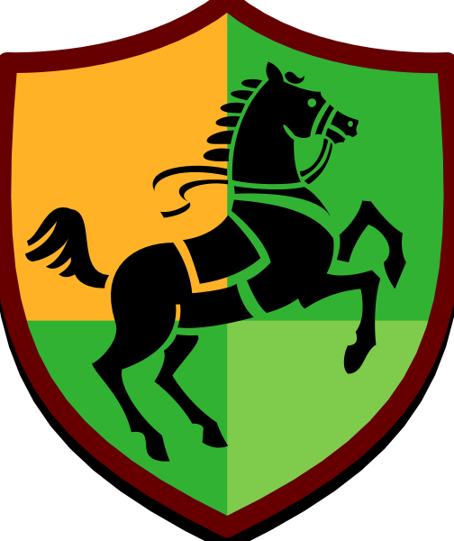 The image shows a shield with an emblem on it against a striped background.