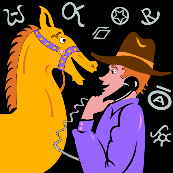The illustration depicts a man talking on his cell phone while standing next to two horses with reins around their necks; one horse is brown and adorned in blue decorations, and the other has gold accents.