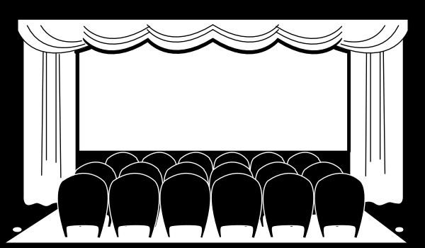 The black and white silhouette of a theater with rows of chairs facing towards an empty stage where there is no audience present in front of it.