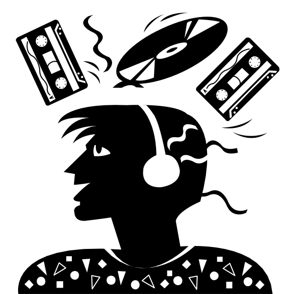 The black and white illustration shows a person's head with four cassette tapes flying out of it like thought bubbles; each tape has an icon on them representing music (a treble clef), sound waves, gears indicating mechanical processes or technology, and what appears to be the number 120. The background is plain white without any additional context provided by other objects in the image. There are no texts present within this clip-art illustration.