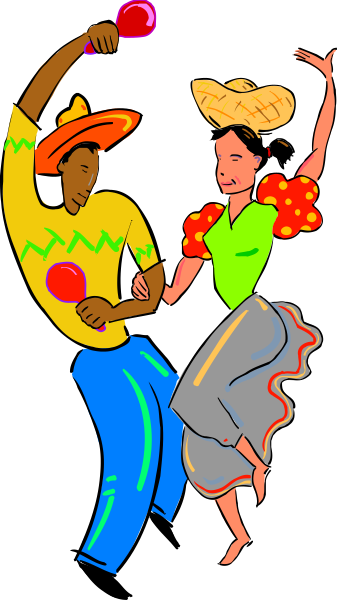 The illustration shows a man dancing with a woman; both characters appear to be wearing traditional Mexican clothing: sombreros on their heads and colorful dresses for women. They hold each other's hands, suggesting movement in dance.