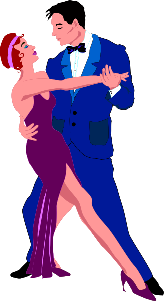 The image shows a man and woman dancing together; both appear to be dressed for an event with formal attire such as suits and dresses.