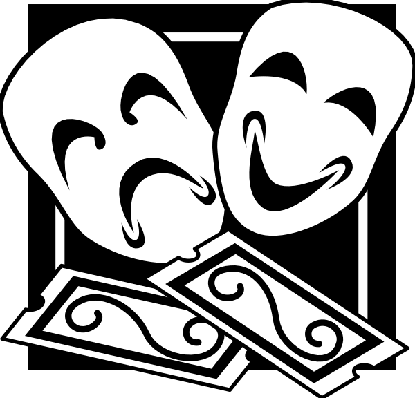 The black and white illustration shows a collection of theater masks with exaggerated facial expressions: two sad faces on either side at top left; one neutral mask in center bottom surrounded by three playing cards showing money symbols, suggesting gambling contexts like poker chips.