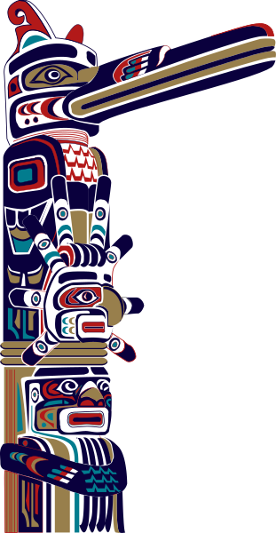 The image shows a totem pole with various colorful designs on it against a dark background.