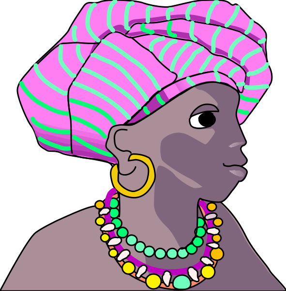 The image shows a stylized illustration of an African woman's head with braided hair wearing traditional jewelry such as beads around her neck and ears, set against two different backgrounds: one purple-striped patterned backdrop on top left corner and another black solid color in the bottom right.