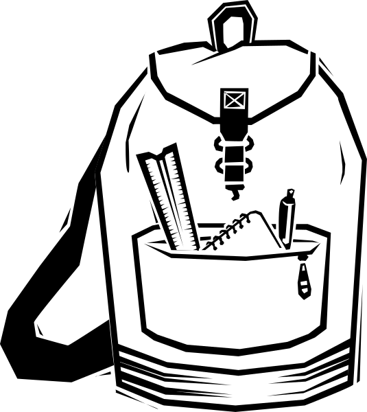 The black and white illustration shows a backpack with various items inside it: books, scissors, pencils, an eraser, and what appears to be some sort of measuring device on top left corner; there's also a small bottle-like object in front of the bag that resembles water or liquid. The background is plain black without any additional context provided by other elements within it.