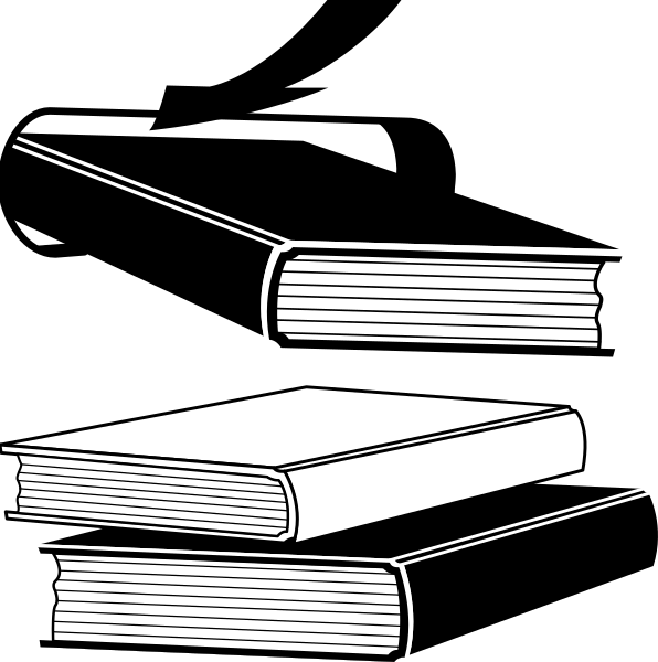 The black and white illustration shows a bookshelf with two open book spines facing upwards against a dark background.
