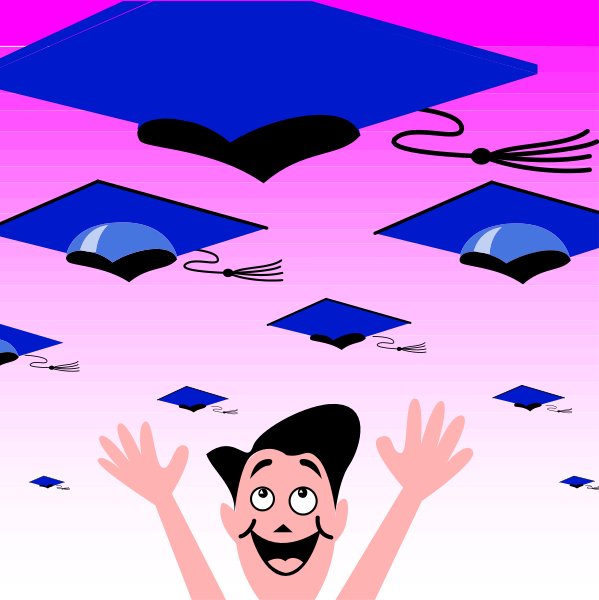 The image shows a cartoon character celebrating with their arms raised above graduation caps that have books on top of them against an abstract background featuring flying graduates' mortarboards in various sizes.