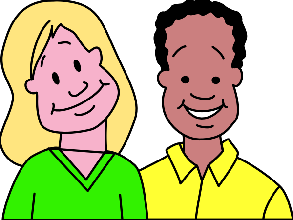The image shows three animated characters: a woman on left with blonde hair wearing green top; man in middle smiling broadly dressed in yellow shirt over black background; another person to right also smiling but face obscured by dark silhouette, suggesting it's an adult male or female due to the hairstyle. They are all depicted against white backdrop and appear happy with exaggerated facial expressions typical of cartoon art style.