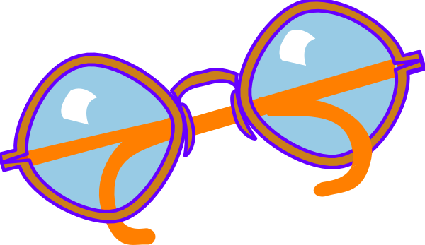 The image shows a pair of glasses with blue lenses featuring an orange outline around them on top of what appears to be a gray surface.