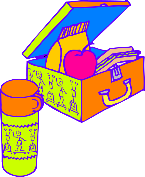 The illustration shows a colorful cartoon of an open suitcase with various items inside: apples, books, papers, and what appears to be small figurines; next to it is a cup labeled "medicine" on its side.