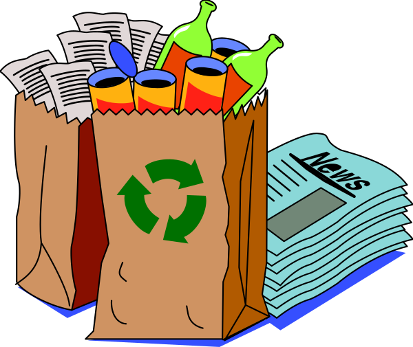The cartoon shows a collection of items on top of each other: two bags with recycling symbols; three bottles that resemble beer but could be any type of bottle; an open newspaper spread out to show its pages, which include text and images; and several packets or envelopes tied up.