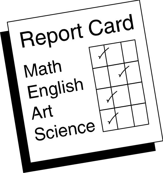 The image shows a black and white report card with checkboxes next to "Report Card," "Math English Science Art" indicating that all subjects have been checked off as complete for an individual named Kylie Jenner, who is in 6th grade at science school. There's also the word "Art."