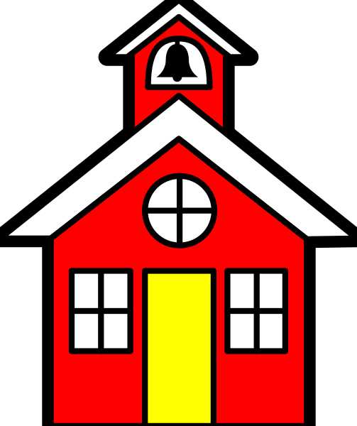 The image shows a stylized depiction of an old red schoolhouse with white trim around its windows and door frame.