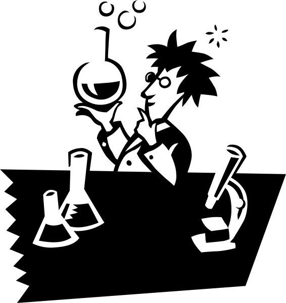 The black and white silhouette of a scientist sitting at his desk with various scientific equipment around him such as beakers, test tubes, flasks, microscopes, books, papers, pencils, magnifying glass, goggles, mortar & pestle, graduated cylinder.