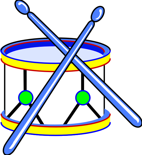 The image shows a graphic representation of two drumsticks crossed over each other with three drums arranged vertically behind them on what appears to be stands; there is no text present in this clip-art illustration, and it does not depict any actions taking place or people interacting within the scene.