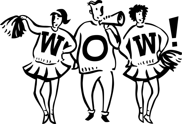 The black and white illustration shows three cheerleaders with pom poms standing together; each has a letter on their chest: W for west, O for oval, and L for lynx.