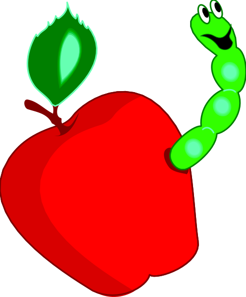 The image shows a cartoon of an apple with eyes and mouth drawn on it to look like a face, accompanied by what appears to be a small green creature resembling a caterpillar next to it.