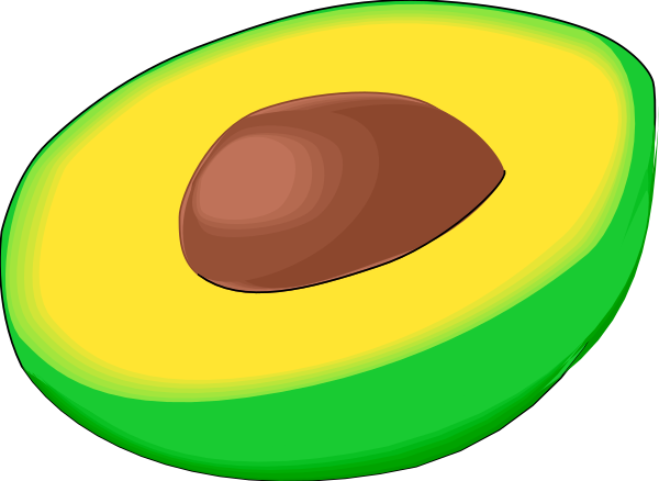The image shows two halves of an avocado with a pit at their center against a black background.