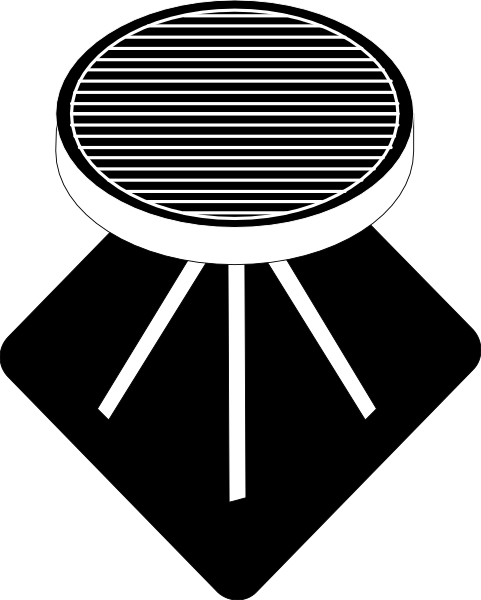The black and white silhouette of a round table with three legs on top of it.