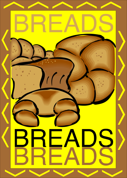 The image shows a sign with text that reads "BREADS BREDS" on top of an illustration depicting two loaves of bread placed side by side in front of each other against a yellow background, and below it is another line of text reading "BRADS."