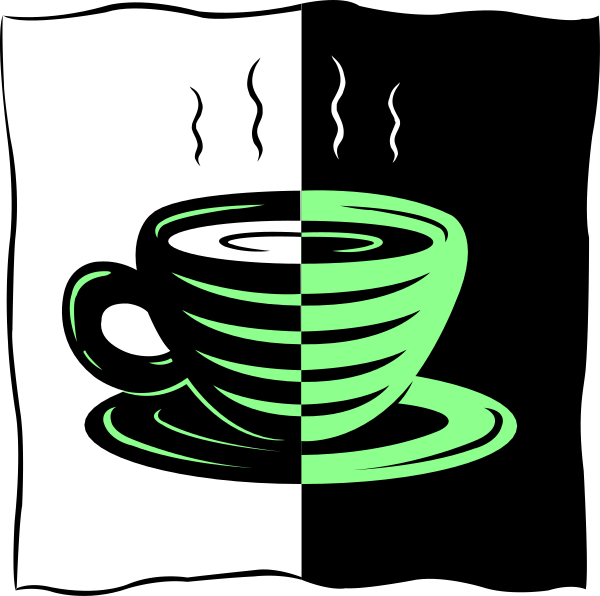 The black and white illustration shows a cup of coffee on each side with steam rising from it; there is no visible action taking place in this image as depicted by clip-art standards.
