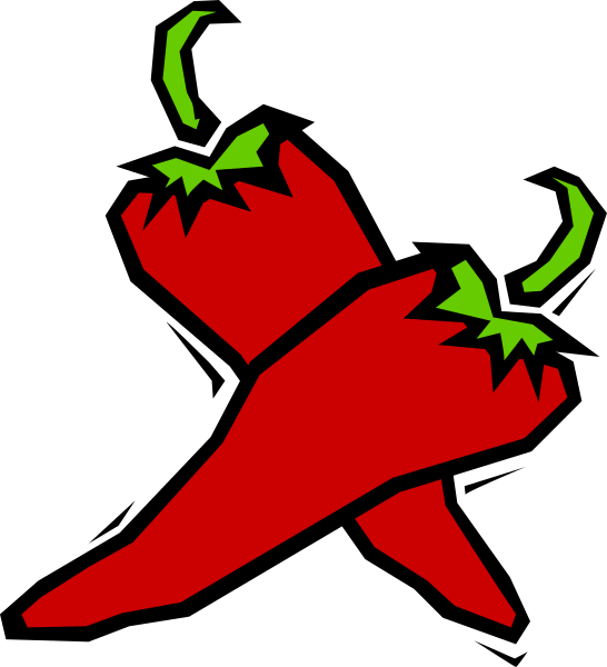 The image shows a red chili pepper with two green flames on it against a black background.