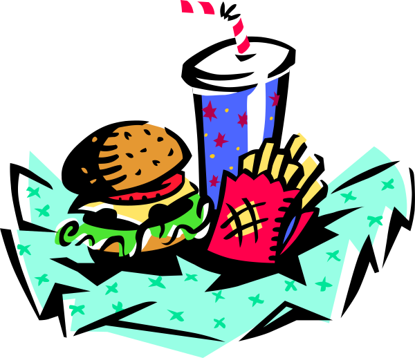 The illustration shows a fast food meal consisting of two hamburgers with lettuce on top, french fries in a basket lined with paper towels, a soft drink cup filled with soda, and a straw wrapper around it all; there is also an American flag motif at the bottom.