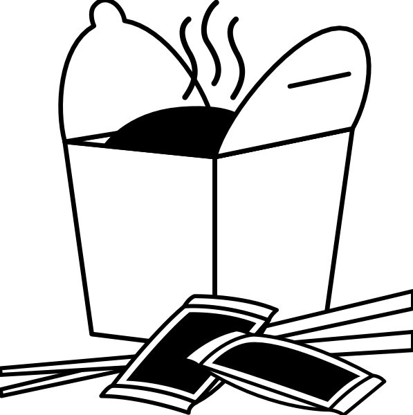 The black and white illustration shows a sandwich with two slices of bread on top of each other inside an open box that is placed in front of what appears to be a trash can filled with discarded items, including food wrappers and possibly some paperwork or documents.