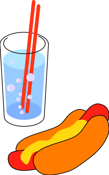 The image shows a hot dog on top of two buns with mustard next to it, an ice cube floating in water inside a glass cup, and three carrot slices arranged vertically beside each other.