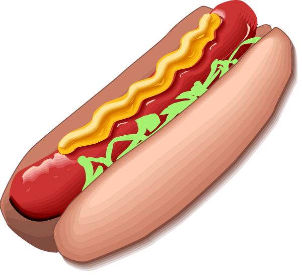 The image shows a hot dog with mustard on top next to an illustrated text that reads "Hot Dog" at its base.
