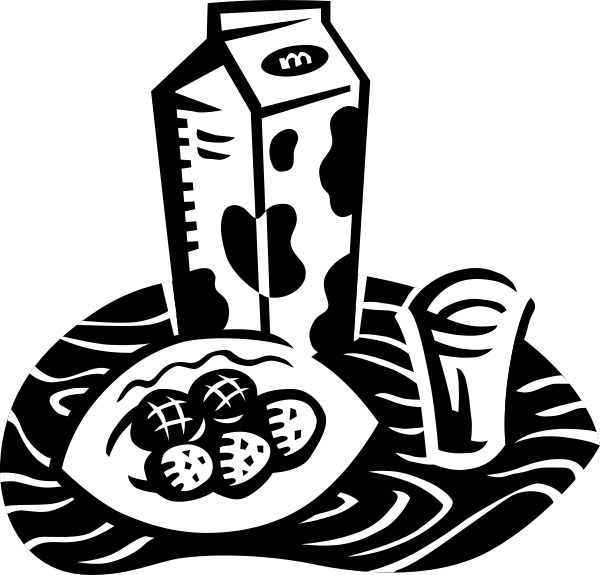 The black and white illustration shows a cartoon of food items on plates with drinks next to them; there's also an ice cream cone in front of it all.
