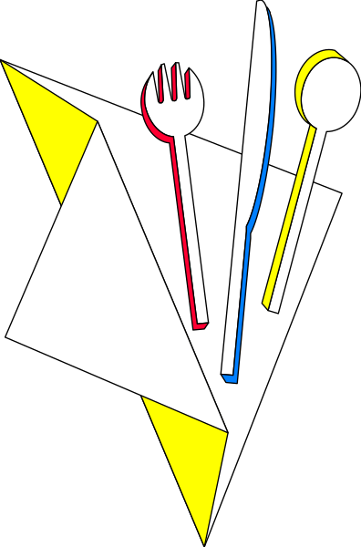 The image shows a stylized illustration of kitchen utensils including knives, forks, spoons, bowls, plates, cups, wine glasses, food items like an apple slice and carrot slices, all arranged in a geometric pattern with abstract shapes forming the background.