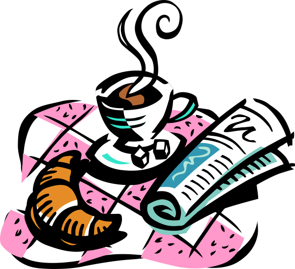The illustration depicts a cozy scene with various items on it: there's an open newspaper spread out across what appears to be a checkered tablecloth; next to that is a cup of coffee, and beside both these objects lies a sleeping cat curled up comfortably in the shape of a crescent. The background features a black backdrop with no distinct details or elements present.