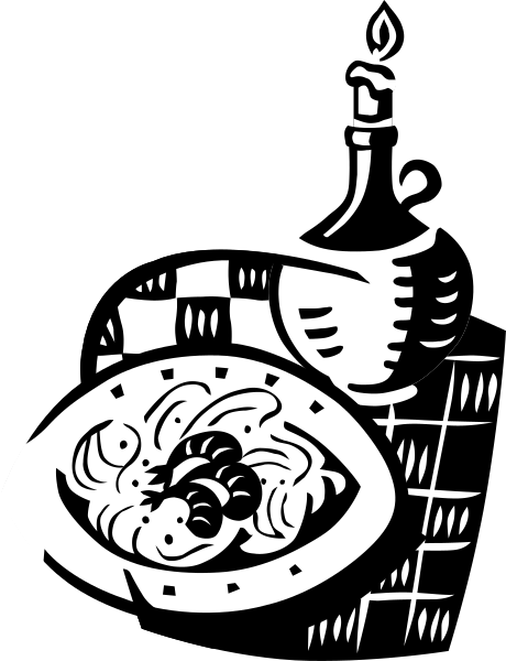 The black and white illustration depicts a bowl of food on top of what appears to be an oven with two candles beside it in front of a checkered tablecloth.
