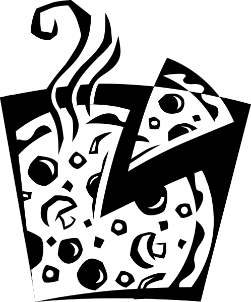 The black and white illustration shows a pizza with various toppings on it being sliced by what appears to be an object resembling a knife in mid-air above the slice of pizza that has been cut out, creating two distinct pieces; there is no text or additional context provided within this image.