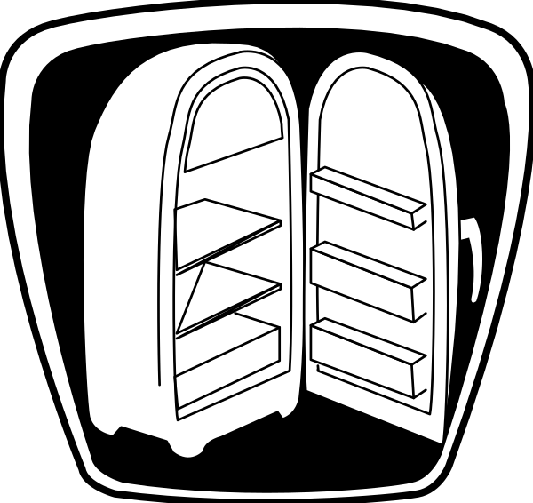 The black and white silhouette of an open refrigerator door with shelves inside it.