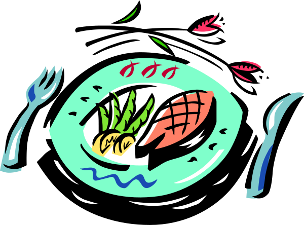 The image shows a cartoon of an underwater scene with fish swimming around a plate full of food on top of it; there's also a fork resting next to the dish.