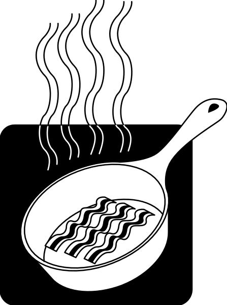 The black and white illustration shows a frying pan with food inside it on top of an oven mit.