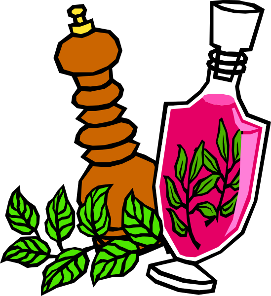 The illustration shows a collection of items including an open bottle with pink liquid inside it next to two spoons on top; one spoon is larger than the other, suggesting different sizes for measuring ingredients like spices in cooking. There's also what appears to be dried herbs or leaves and possibly some sort of plant material that could resemble a sprig of rosemary or thyme with green foliage atop it all. The items are arranged on top of each other, suggesting they might belong together as ingredients for preparing food or drink.