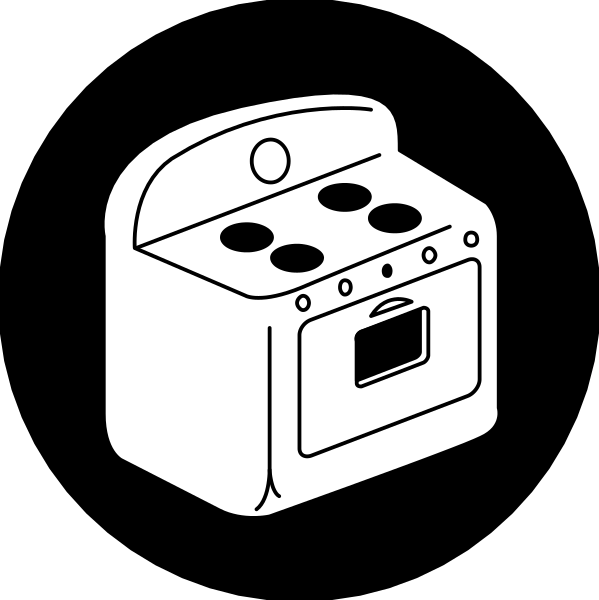 The black and white icon depicts a toaster oven with two knobs on its front panel set against an unadorned background.