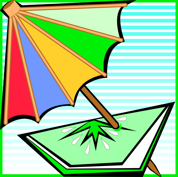 The image shows a colorful umbrella with an open book on top of it against a blue striped background.