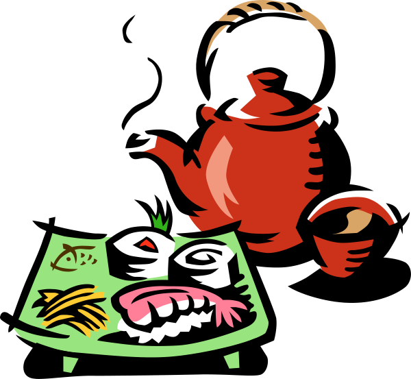 The image shows a cartoon of an animated character resembling Teletubbies' Tinky Winkle with red hair holding up his hand in greeting next to a tray filled with various food items, including sushi and what appears to be fish or seafood on the table.