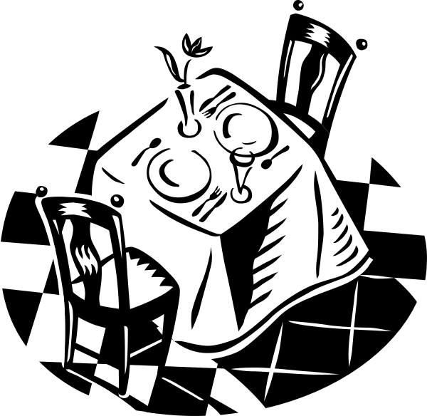 The black and white illustration depicts a dining table with two plates of food on it, surrounded by chairs at either end; there is also an empty wine glass in front of one plate.