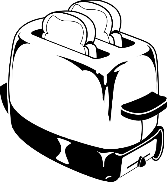 The black and white illustration shows a toaster with toast popping out of it on top of an oven door that has been left open for cooling purposes in what appears to be a kitchen environment.