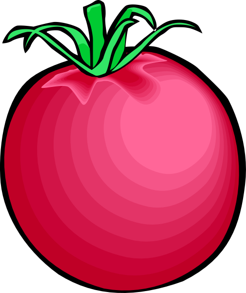 The image shows a cartoon tomato with green leaves on top of it against a plain background.