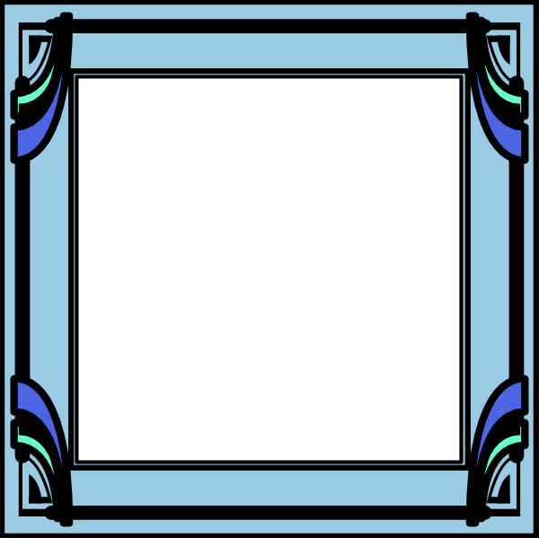 The image shows a blue square with an intricate design on it inside what appears to be a frame that has decorative elements resembling stylized leaves at each corner.