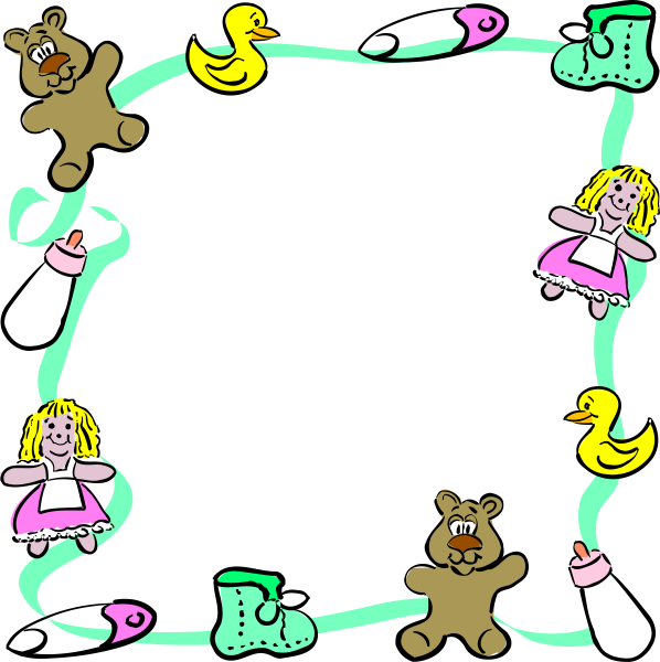 The image shows a cartoon of an empty frame with various characters inside it: two teddy bears on either side at top corners; three baby dolls in center bottom corner dressed as babies wearing diapers, and one large bear holding them all together from behind.